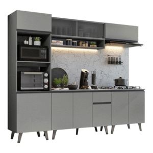 Armário de Cozinha Completa Madesa Nice 260cm – Cor Cinza, Modelo 02