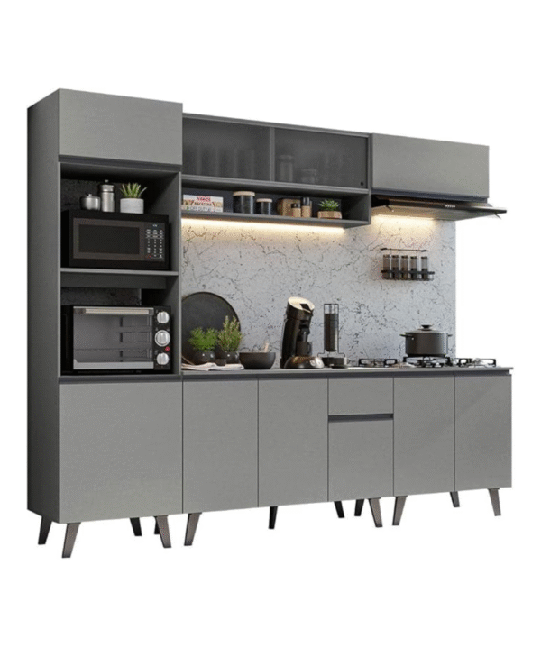 Armário de Cozinha Completa Madesa Nice 260cm – Cor Cinza, Modelo 02