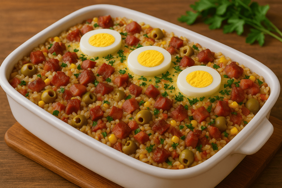 Arroz à Carbonara de Forno Receitas Familiares blog de receita