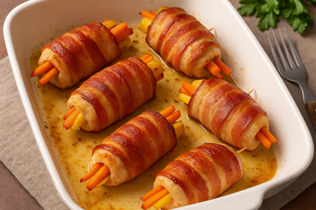 Filé de Frango a Rolê com Cenoura, Bacon e Pimentão Receitas Familiares blog de receita