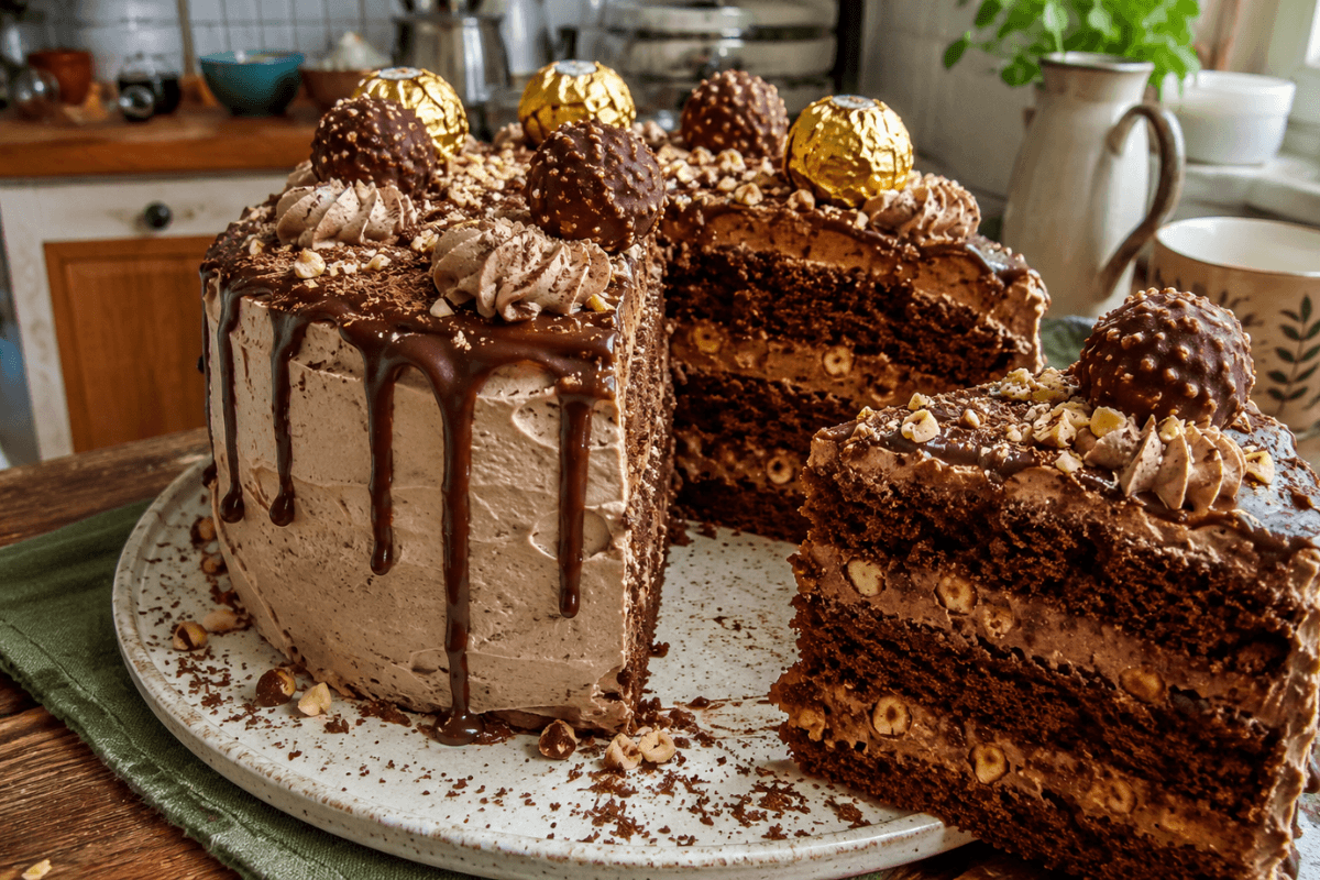 Bolo de Ferrero Rocher com Nutella e Avelã é uma receita recheada
