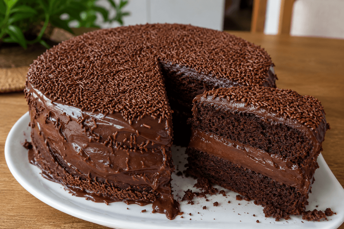 Bolo de brigadeiro com recheio de chocolate aveludado é uma receita macia