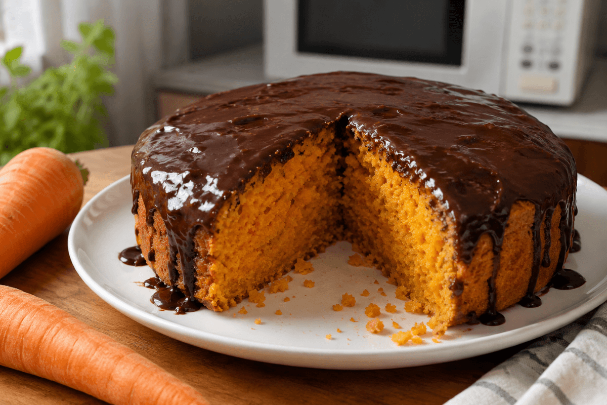 Bolo de cenoura com cobertura de chocolate no micro-ondas é uma receita prática