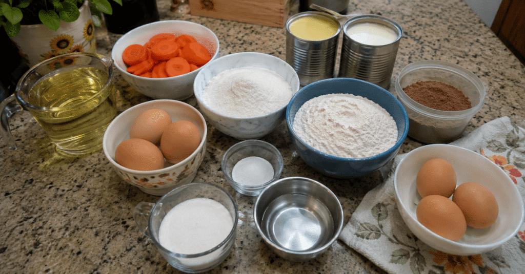 Ingredientes da receita de Bolo de cenoura com fusão entre massa e pudim