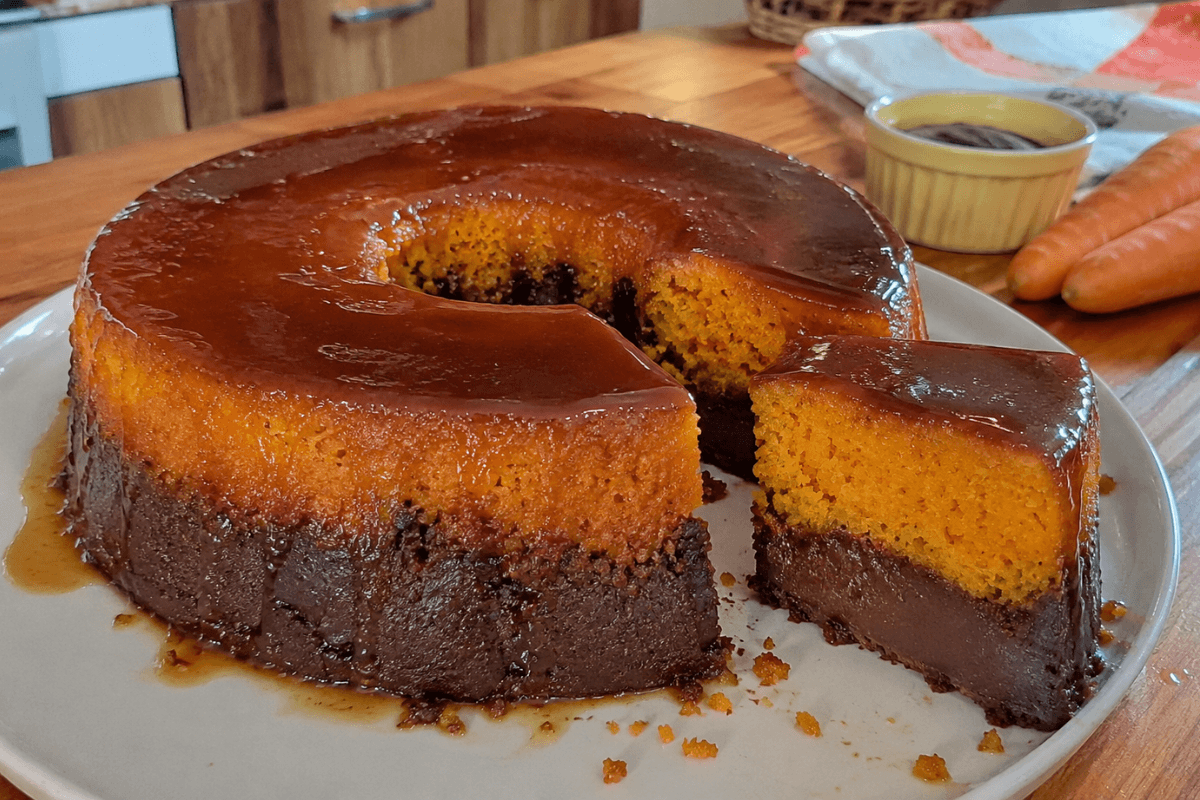 Bolo de cenoura com fusão entre massa e pudim é uma receita cremosa