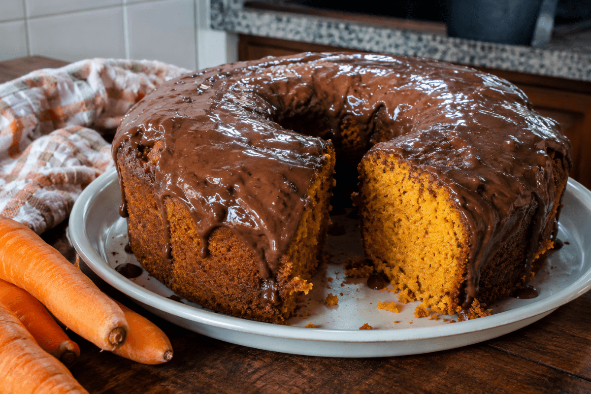 Bolo de cenoura fofinho com cobertura de chocolate é uma receita simples