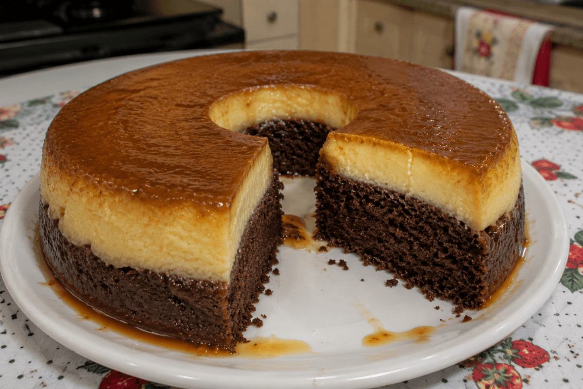 Bolo de chocolate com pudim de leite condensado é uma receita cremosa