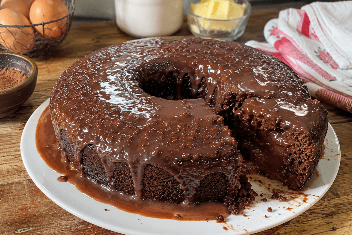 Bolo de chocolate de microondas com calda mágica