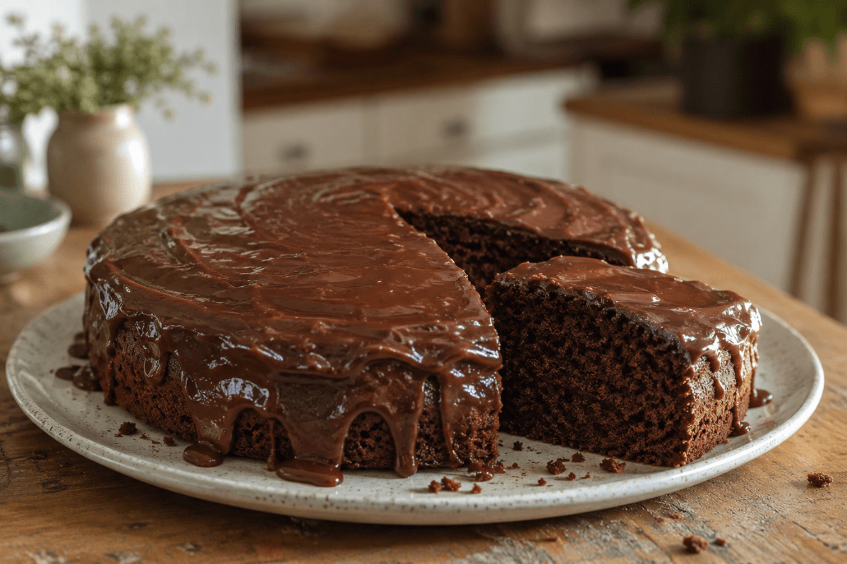 Bolo de chocolate e calda de chocolate com cobertura é uma receita macia
