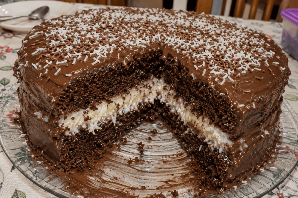 Bolo de prestígio de chocolate e coco é uma receita recheada