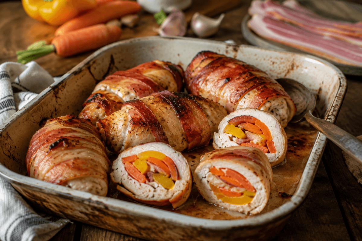 Filé de Frango a Rolê com Cenoura, Bacon e Pimentão