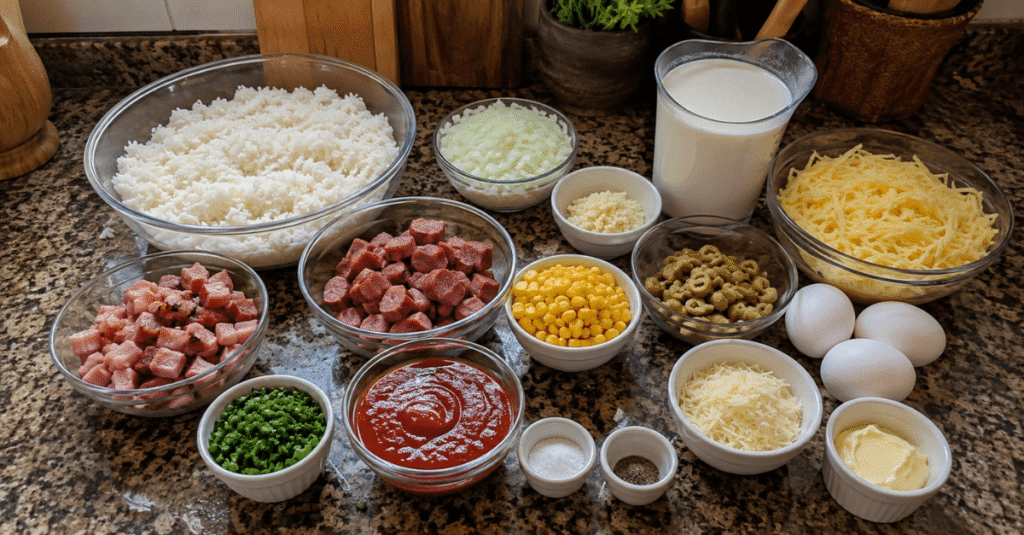 Ingredientes da receita de Arroz à Carbonara de Forno