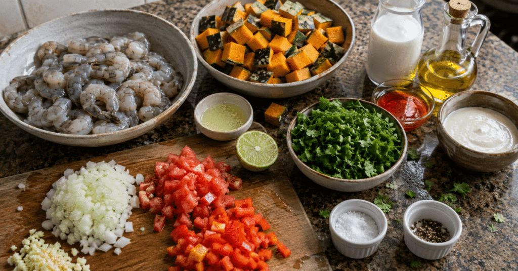 Ingredientes da receita de Bobó de Camarão com Abóbora