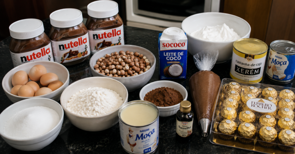 Ingredientes da receita de Bolo de Ferrero Rocher com Nutella e Avelã