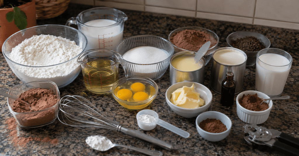 Ingredientes da receita de Bolo de brigadeiro com recheio de chocolate