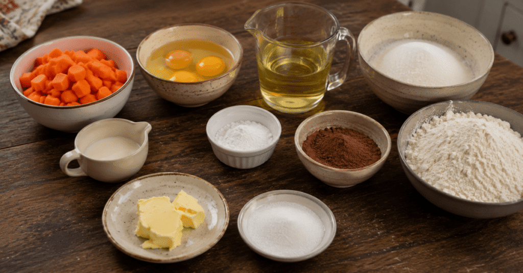 Ingredientes da receita de Bolo de cenoura com cobertura de chocolate no micro-ondas