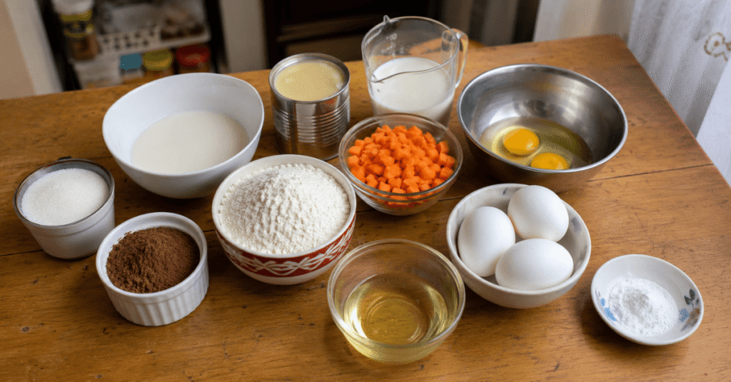 Ingredientes da receita de Bolo de cenoura com pudim de chocolate