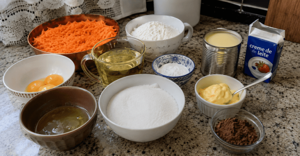 Ingredientes da receita de Bolo de cenoura fofinho com massa perfeita e solar