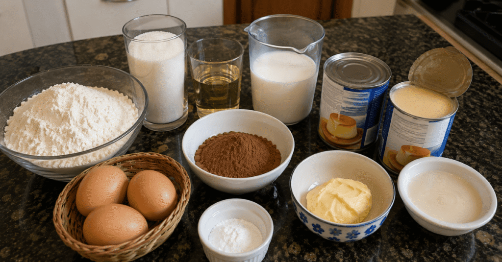 Ingredientes da receita de Bolo de chocolate com doce de leite