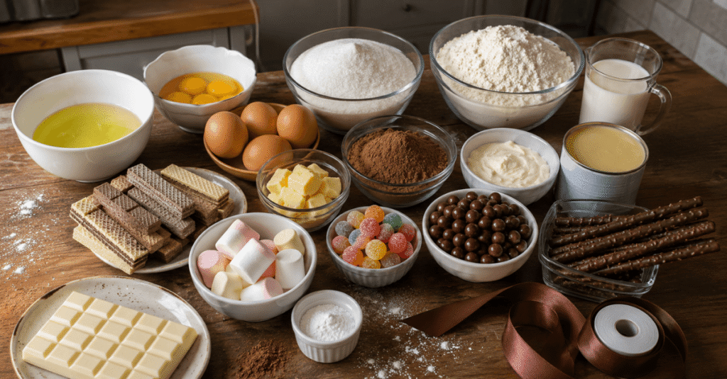 Ingredientes da receita de Bolo de chocolate com guloseimas inesquecível