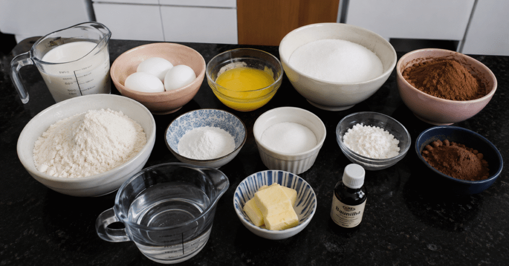 Ingredientes da receita de Bolo de chocolate de liquidificador com massa perfeita