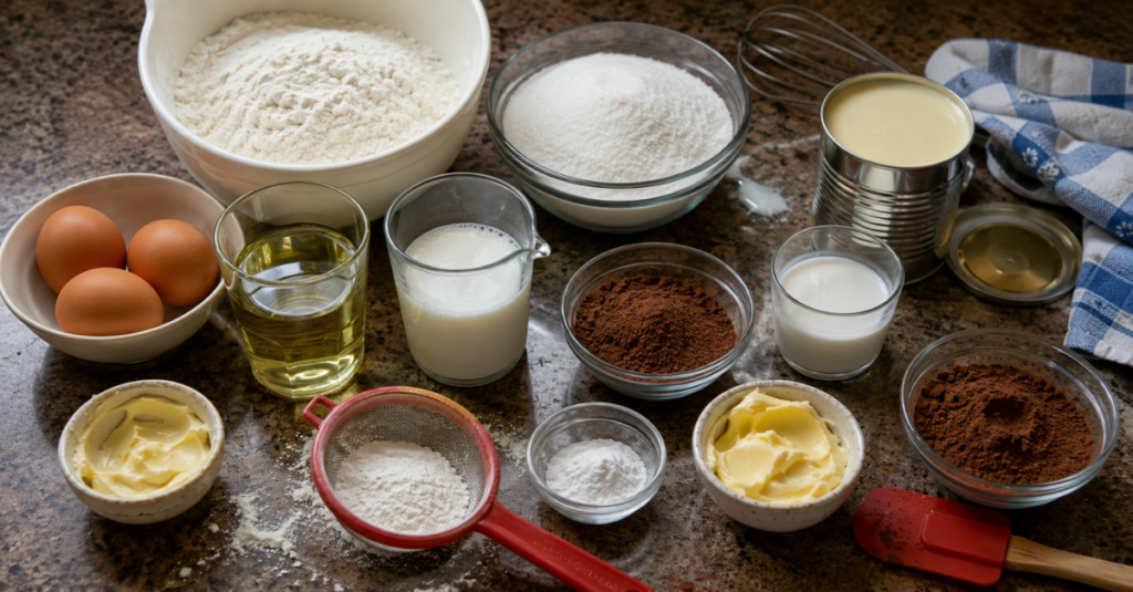 Ingredientes da receita de Bolo de chocolate de liquidificador massa fofinha