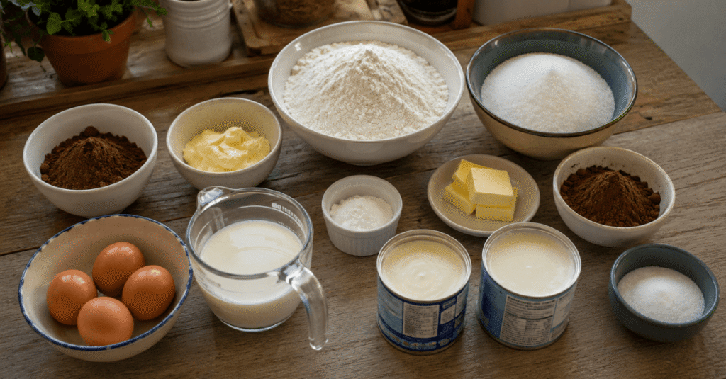 Ingredientes da receita de Bolo de chocolate e calda de chocolate