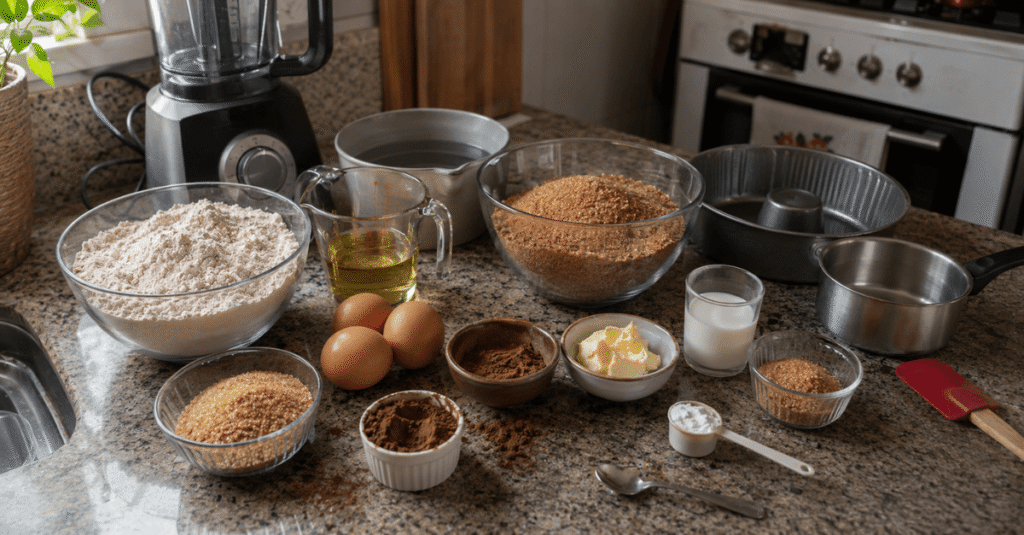 Ingredientes da receita de Bolo de chocolate integral com cobertura
