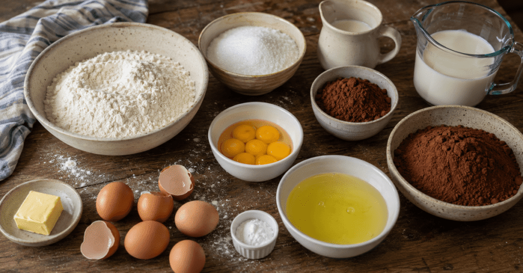 Ingredientes da receita de Bolo de chocolate molhadinho com massa úmida