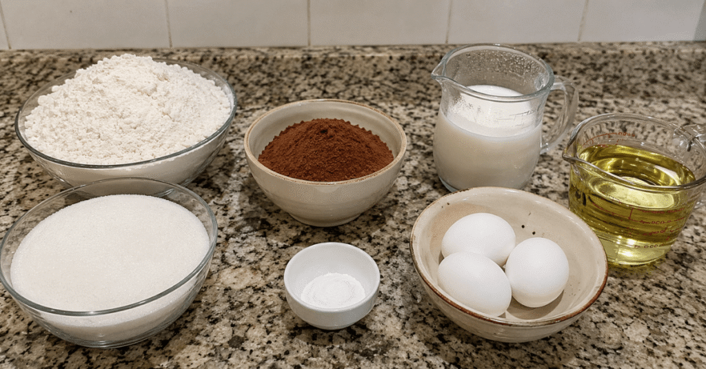 Ingredientes da receita de Bolo de chocolate rápido