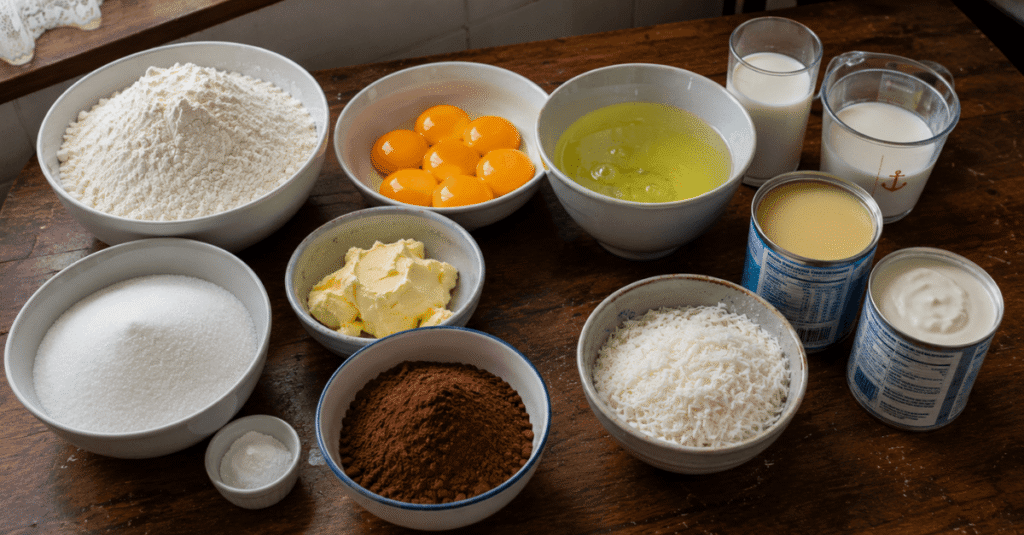 Ingredientes da receita de Bolo de chocolate recheado da Vivi