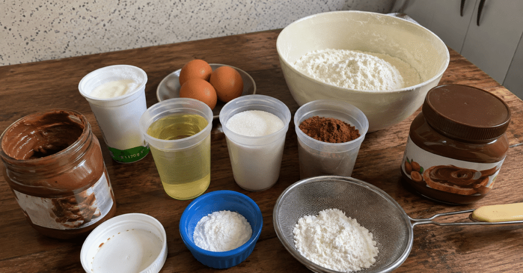 Ingredientes da receita de Bolo de iogurte e creme de avelã com massa úmida