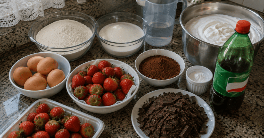 Ingredientes da receita de Bolo de morango e chocolate