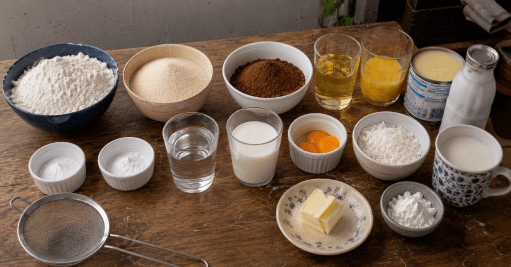Ingredientes da receita de Bolo de prestígio de chocolate e coco