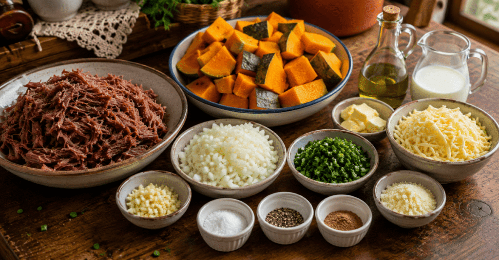 Ingredientes da receita de Escondidinho de Carne Seca e Abóbora