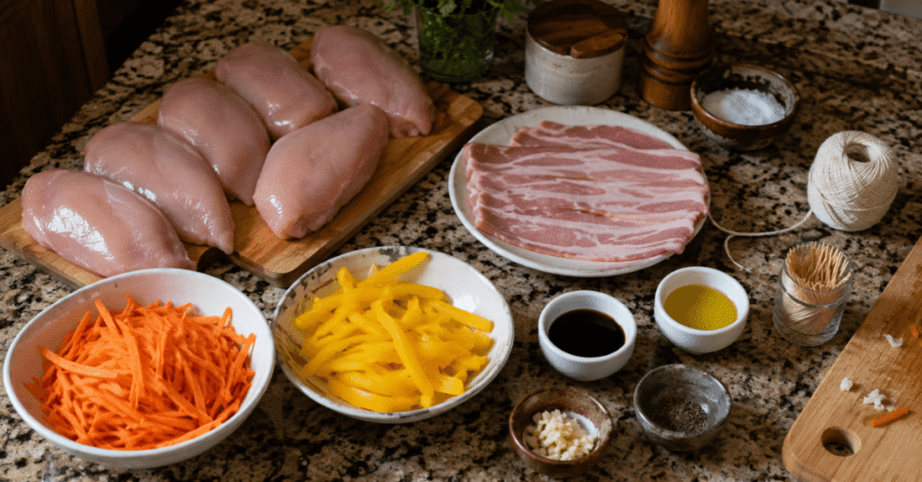 Ingredientes da receita de Filé de Frango a Rolê com Cenoura, Bacon e Pimentão