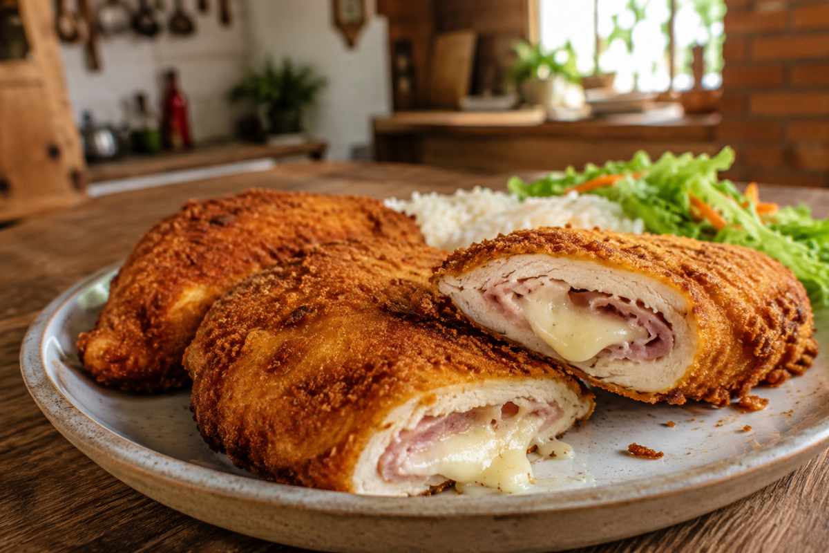Filé de frango recheado e empanado